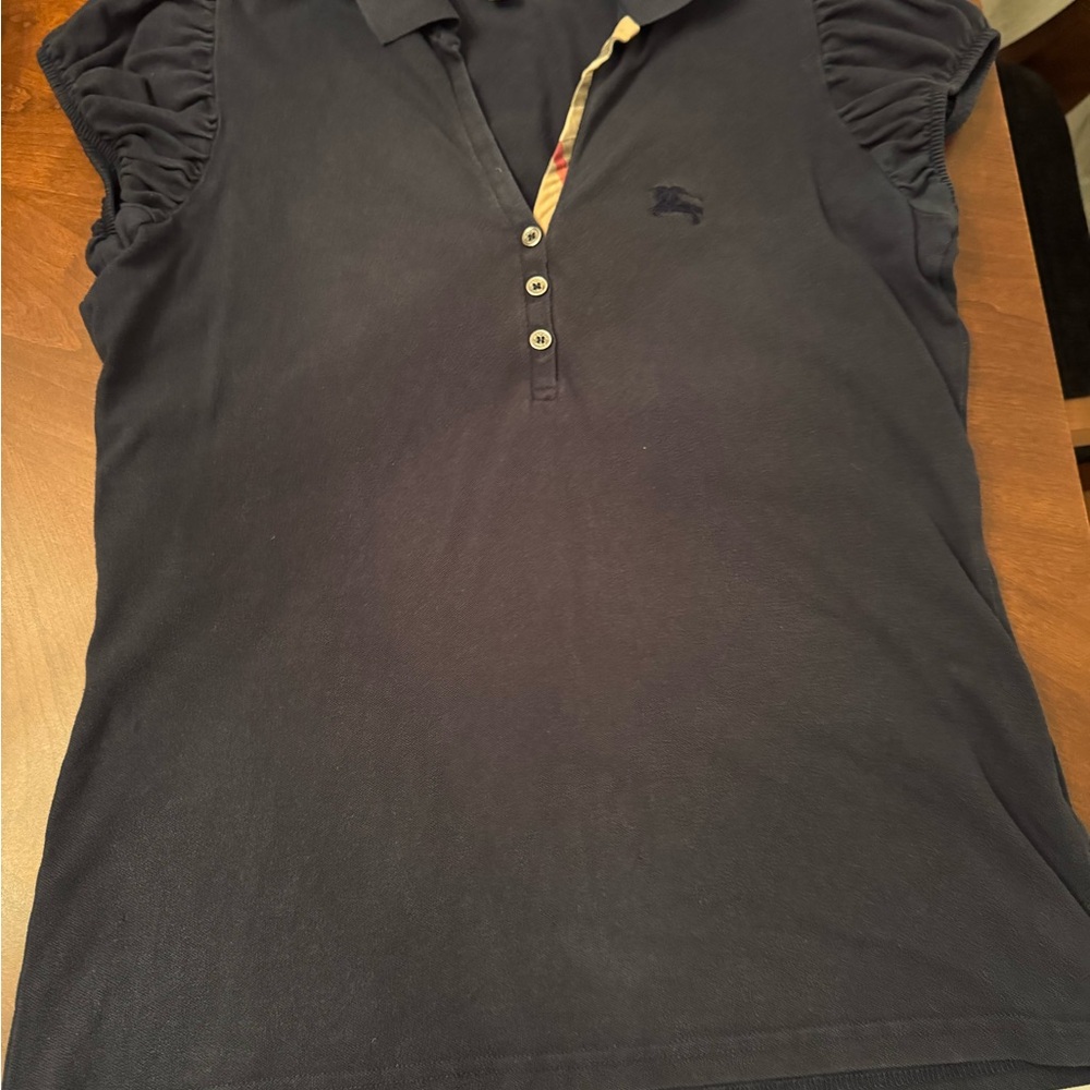 Burberry Navy Sleeveless Polo Tank with Plaid Trim